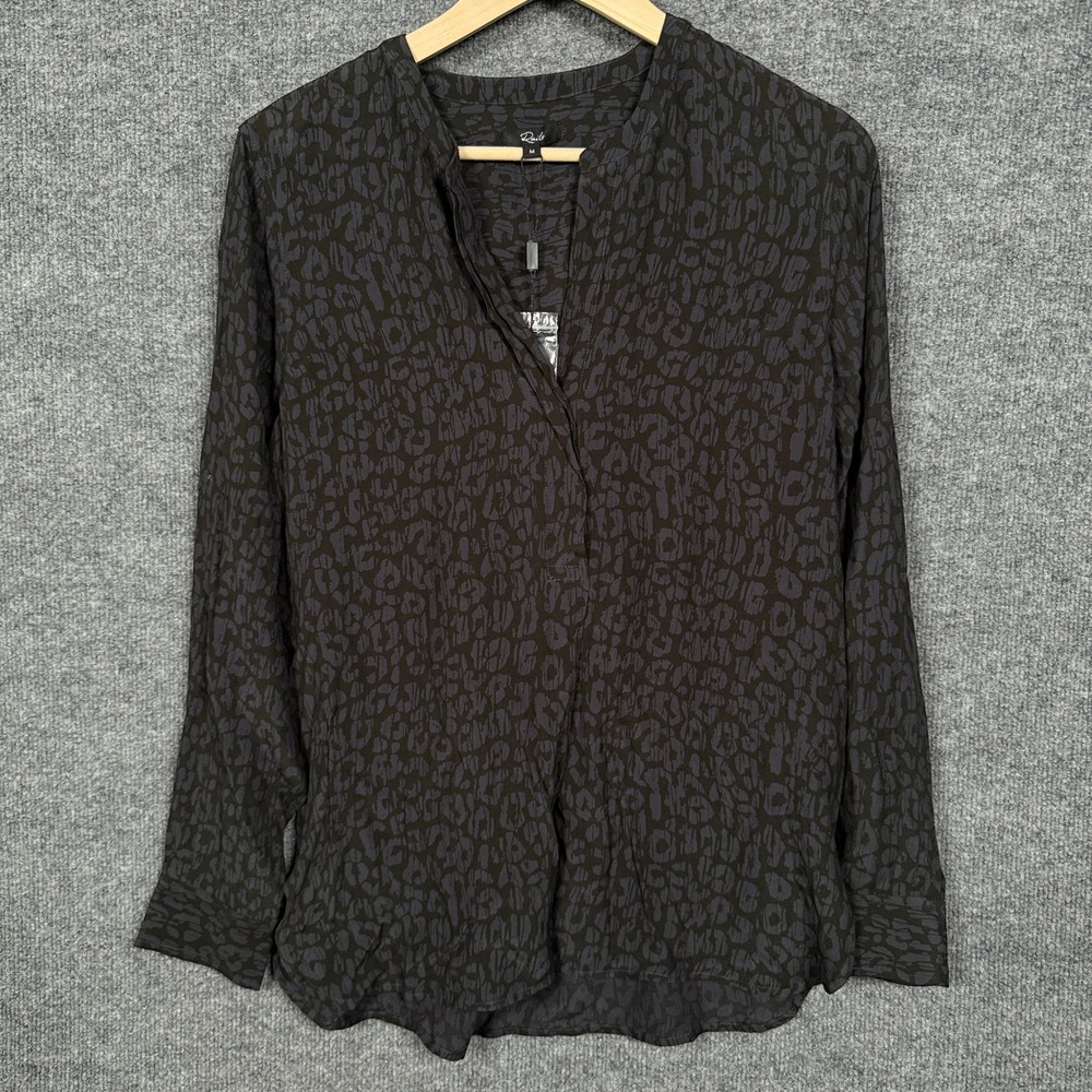 Rails Size Medium Pearl Top Shirt Charcoal Batik Cheetah Split Neck Long Sleeves
